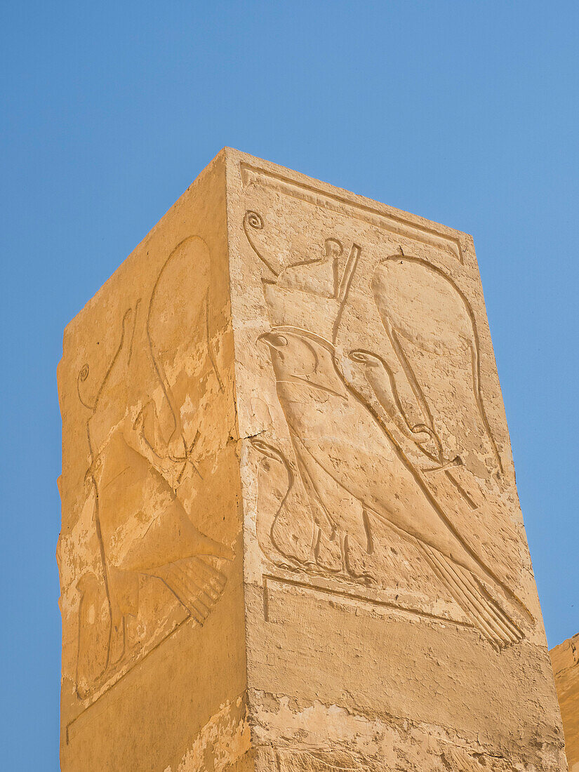 Columns in the shrine to Hathor on the upper terrace of the mortuary temple of Hatshepsut in Deir al-Bahri, UNESCO World Heritage Site, Thebes, Egypt, North Africa, Africa\n