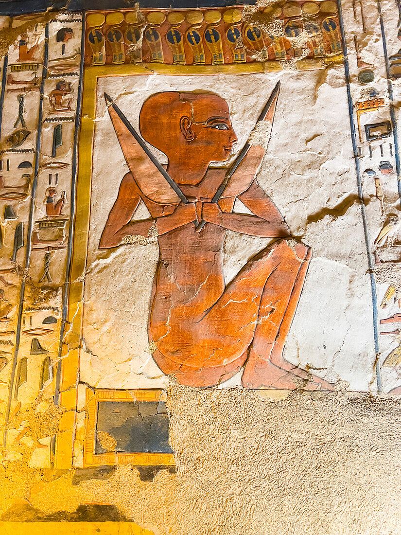 Reliefs and paintings in the tomb of Nefertari, the Great Wife of Pharaoh Ramesses II, Valley of the Queens, UNESCO World Heritage Site, Thebes, Egypt, North Africa, Africa\n