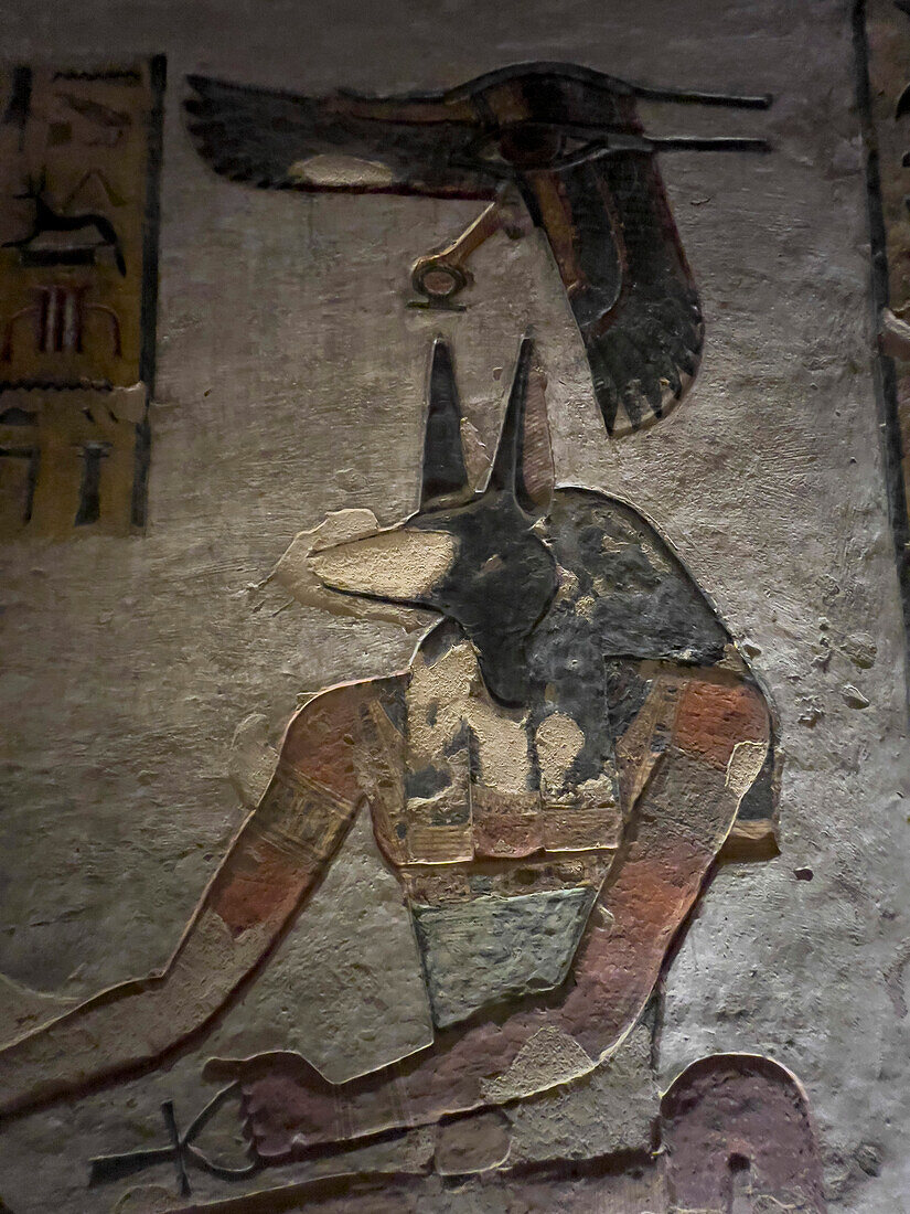 Reliefs and paintings in Tomb KV11, the tomb of ancient Egyptian Ramesses III, Valley of the Kings, UNESCO World Heritage Site, Thebes, Egypt, North Africa\n