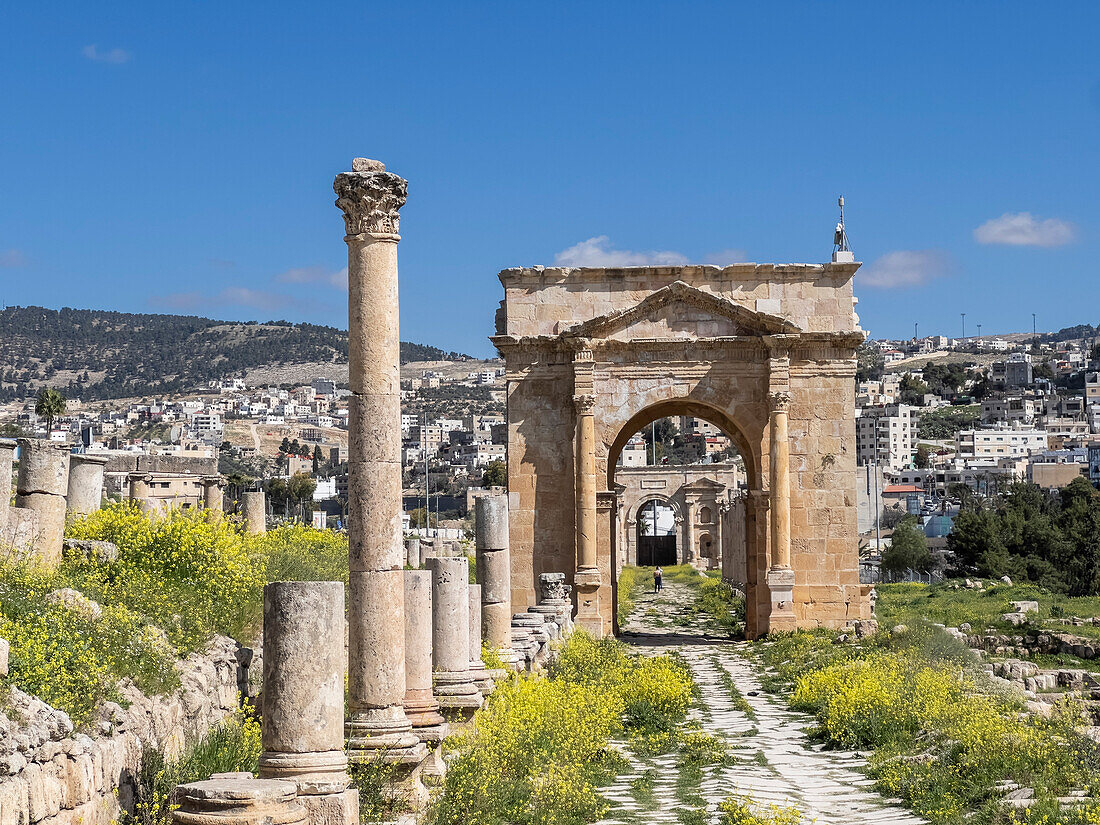 Columned archway in the ancient city of Jerash, believed to be founded in 331 BC by Alexander the Great, Jerash, Jordan, Middle East\n