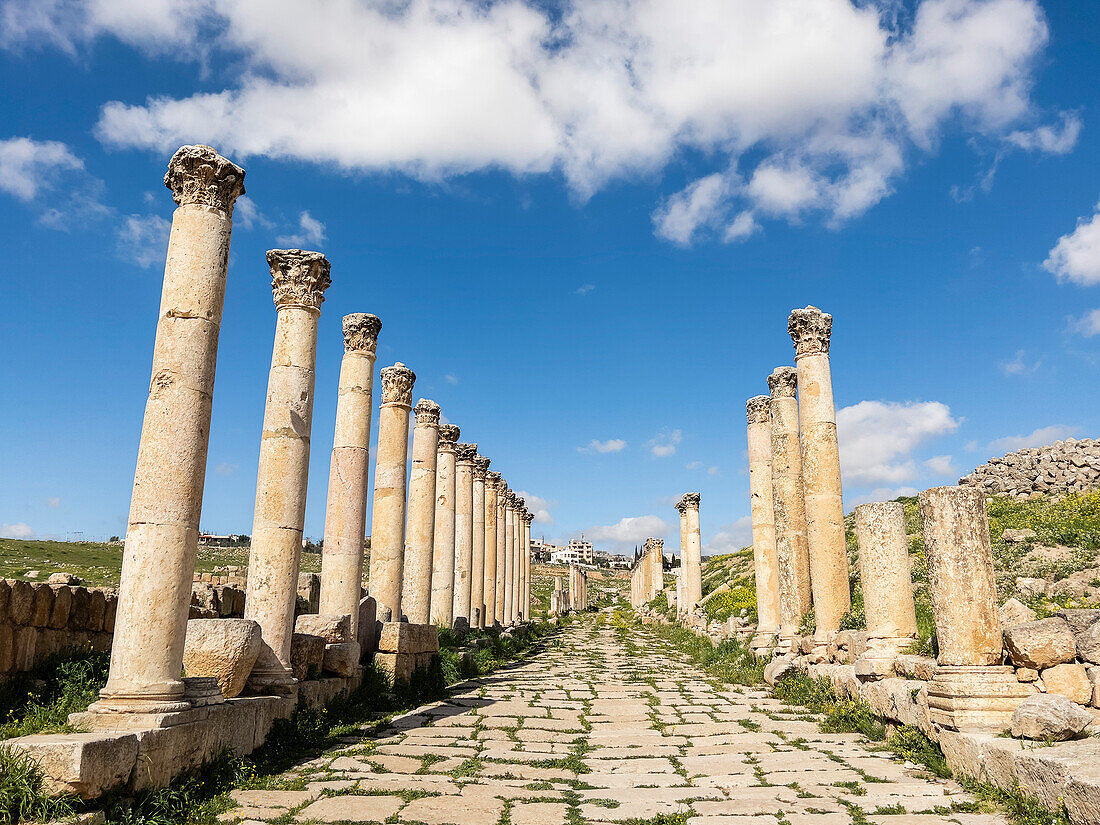 Säulen in der antiken Stadt Jerash, die vermutlich 331 v. Chr. von Alexander dem Großen gegründet wurde, Jerash, Jordanien, Naher Osten