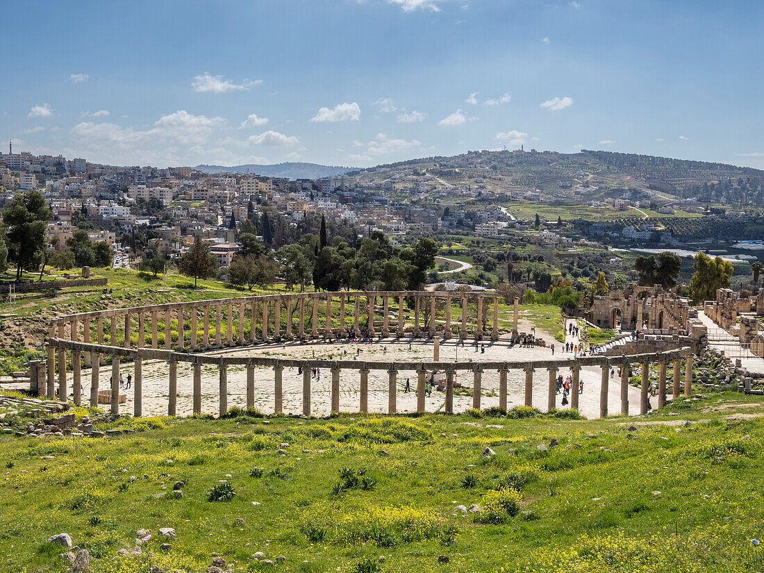 Columns in the Oval Plaza in the ancient city of Jerash, believed to be founded in 331 BC by Alexander the Great, Jerash, Jordan, Middle East\n