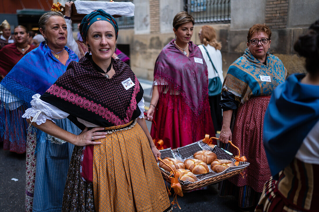 The Offering of Fruits on the morning of 13 October during the Fiestas del Pilar, Zaragoza, Aragon, Spain\n