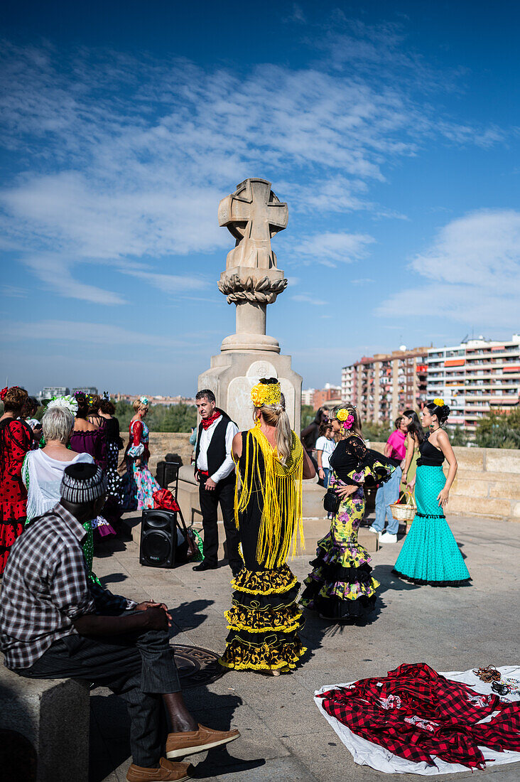 Group from Andalucia dancing sevillanas during The Offering of Fruits on the morning of 13 October during the Fiestas del Pilar, Zaragoza, Aragon, Spain\n