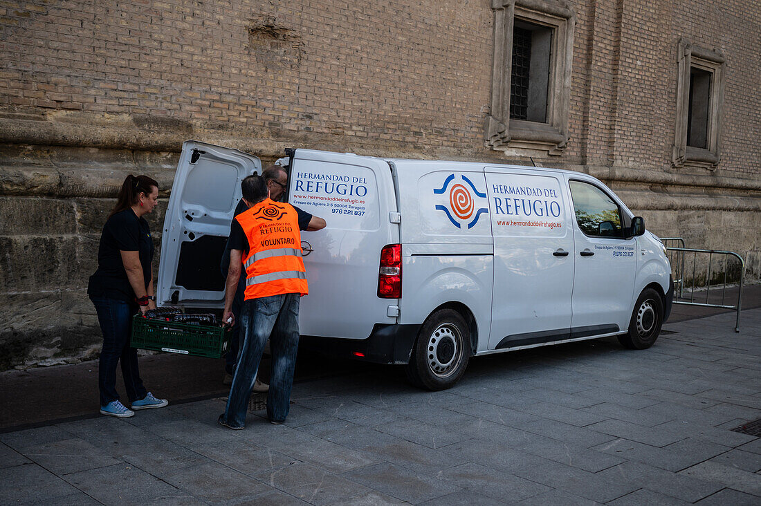 Food donations from the Offering of Fruits on the morning of 13 October during the Fiestas del Pilar, Zaragoza, Aragon, Spain\n