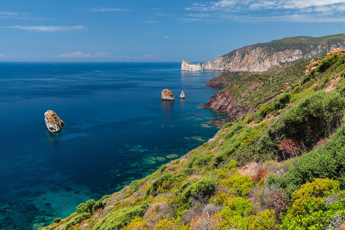 Costa Verde mit Pan de Zucchero und Agusteri-Felsen, Nebida, Bezirk Sud Sardegna, Sardinien, Italien, Mittelmeer, Europa