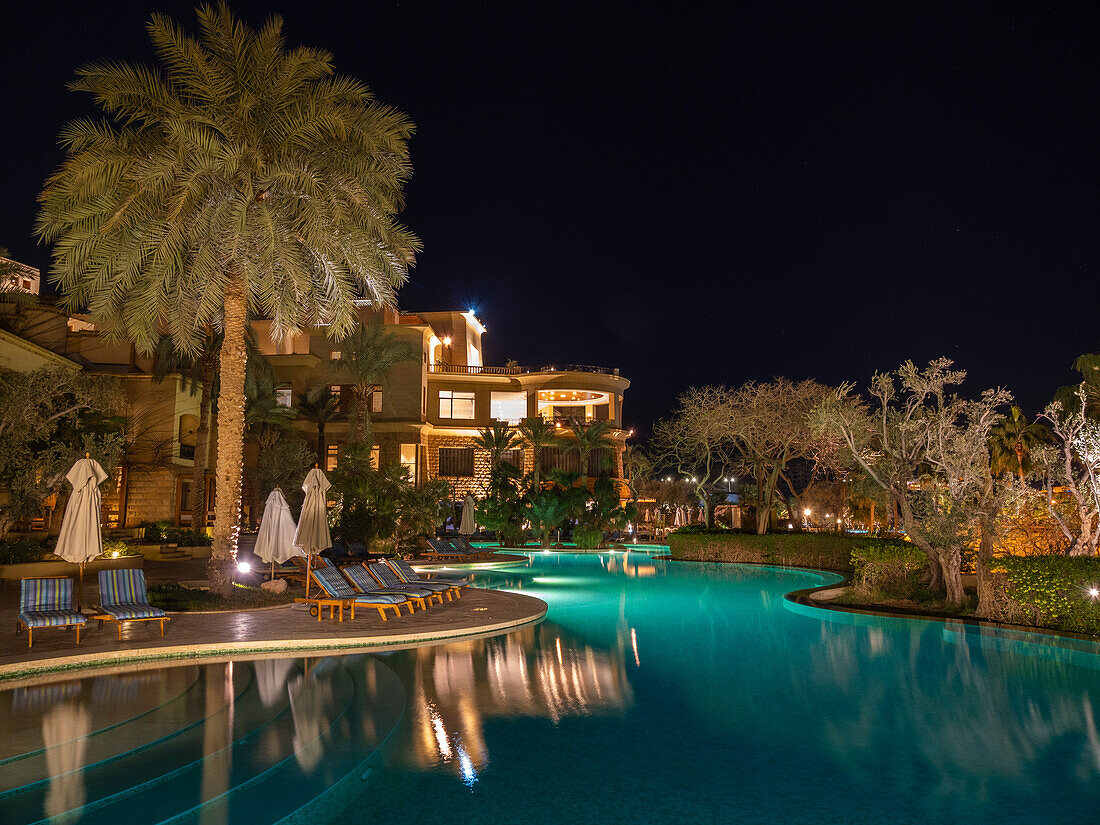 Night at the Kempinski Hotel Ishtar, a five-star luxury resort by the Dead Sea inspired by the Hanging Gardens of Babylon, Jordan, Middle East\n