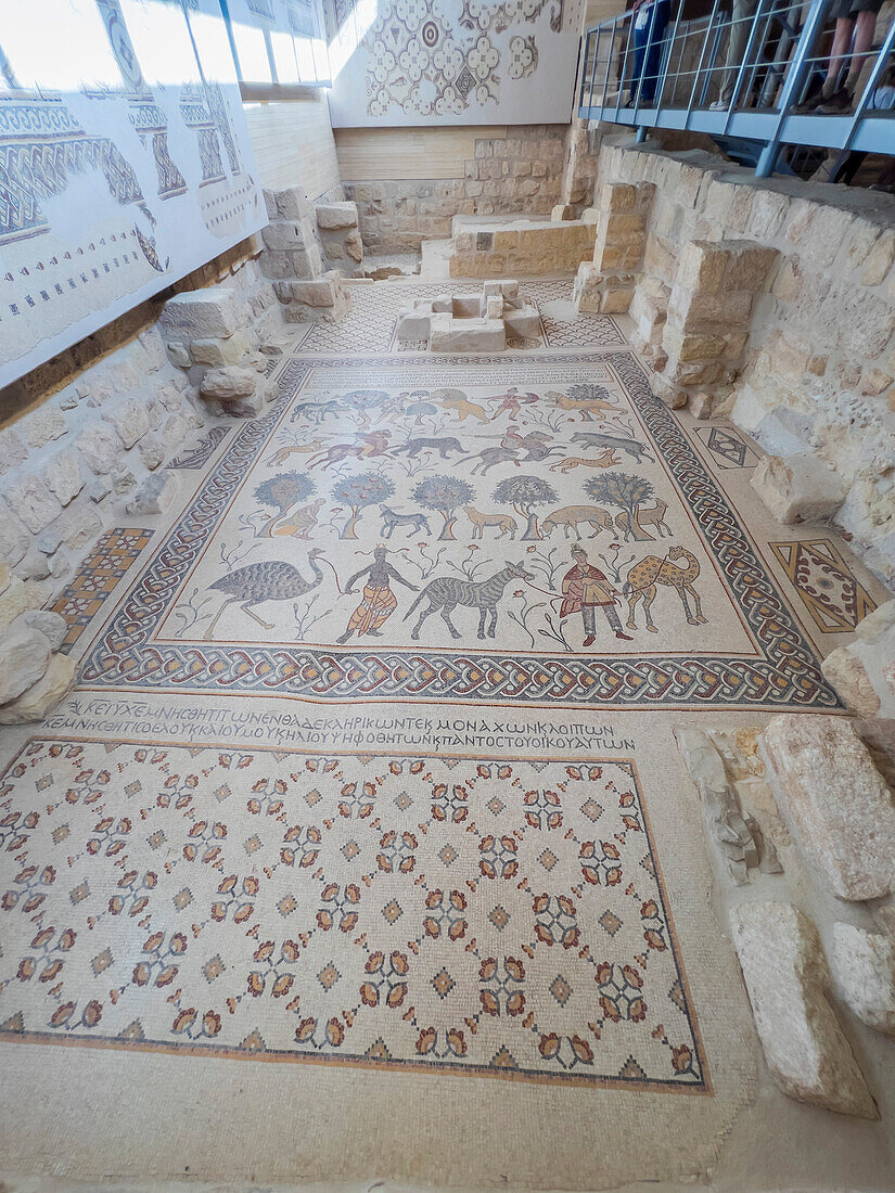 Mosaic floor in the Diaconicon-Baptistery from Byzantine times that stands on the top of Mount Nebo, Jordan, Middle East\n