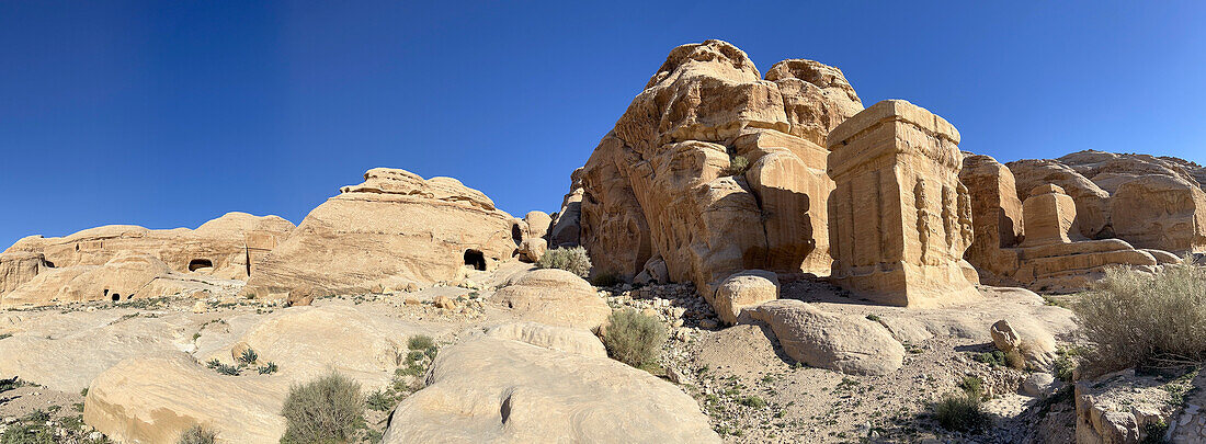 Dschinn-Blöcke im archäologischen Park von Petra, UNESCO-Weltkulturerbe, eines der neuen sieben Weltwunder, Petra, Jordanien, Naher Osten