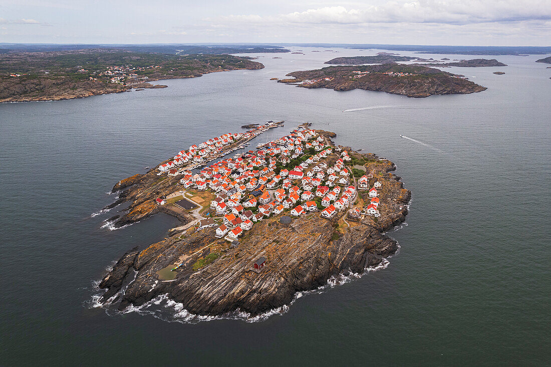 Aerial view of the island and the fishing village of Astol, Tjorn municipality, Vastra Gotaland, Gotaland, Sweden, Scandinavia, Europe\n