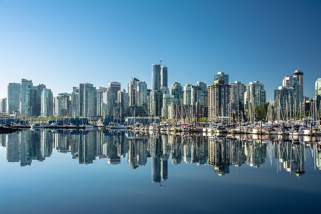 Skyline of Vancouver, with perfect reflection of skyscrapers in the blue waters of Stanley Park, Vancouver, British Columbia, Canada, North America\n