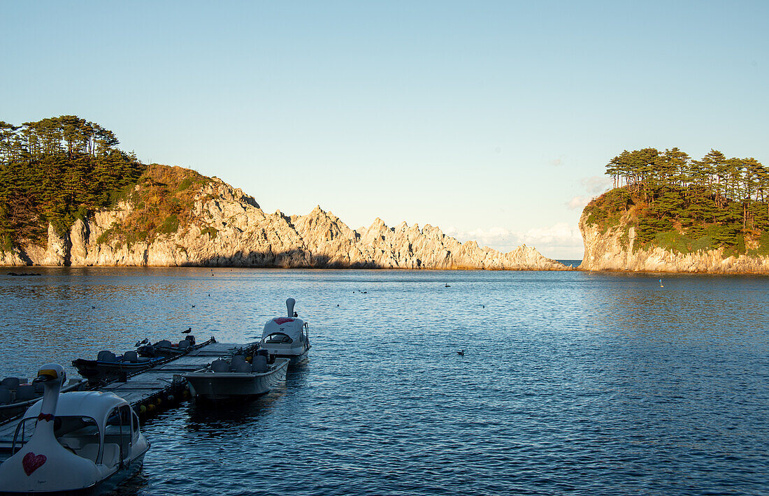 Sunset panoramic view of the white cliffs of Jodogahama, Miyako Bay, the sea of northern Honshu, Iwate prefecture, Japan, Asia\n