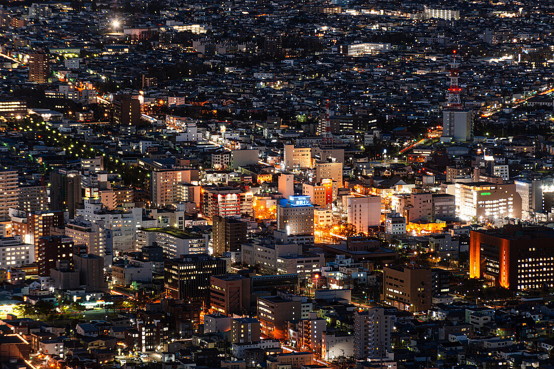 Aerial of city centre skyline at night, Hakodate, Hokkaido, Japan, Asia\n