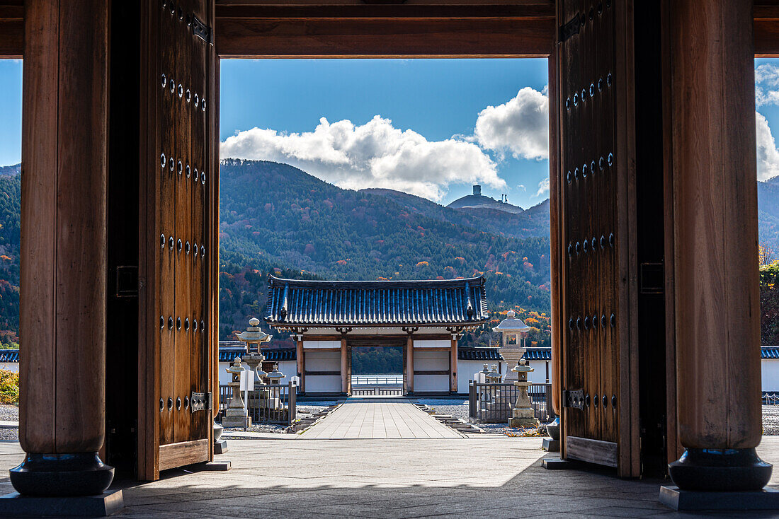 Gate of Osorezan Bodaiji Temple in autumn, Mutsu, Aomori prefecture, Honshu, Japan, Asia\n
