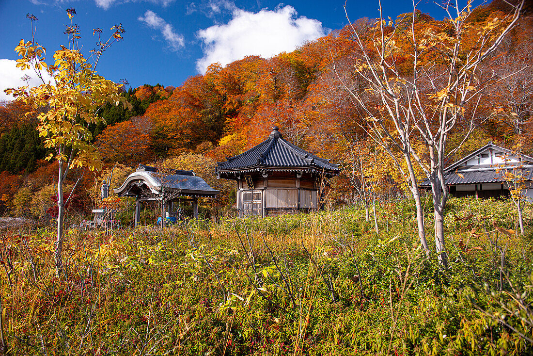 Beautiful Japanese temple surrounded by golden and red autumn colors, Osorezan Bodaiji Temple, Mutsu, Aomori prefecture, Honshu, Japan, Asia\n