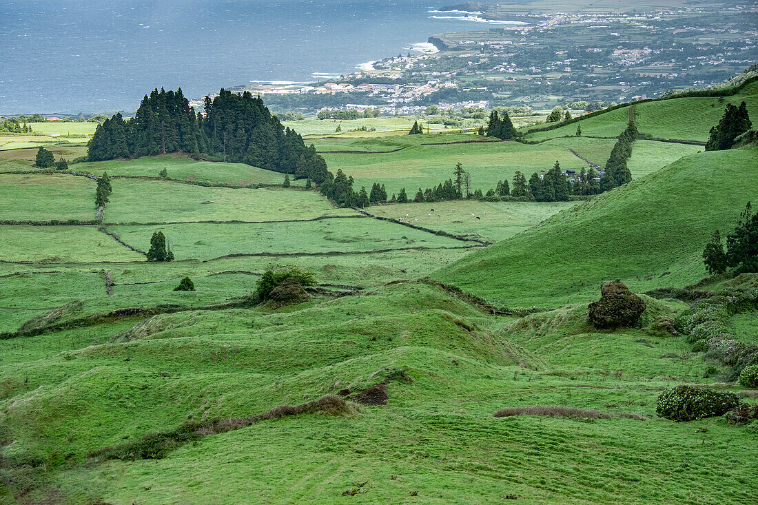 Miradouro do Pico do Carvao Aussichtspunkt auf den grünen Hügeln der Insel Sao Miguel, Azoren, Portugal, Atlantik, Europa