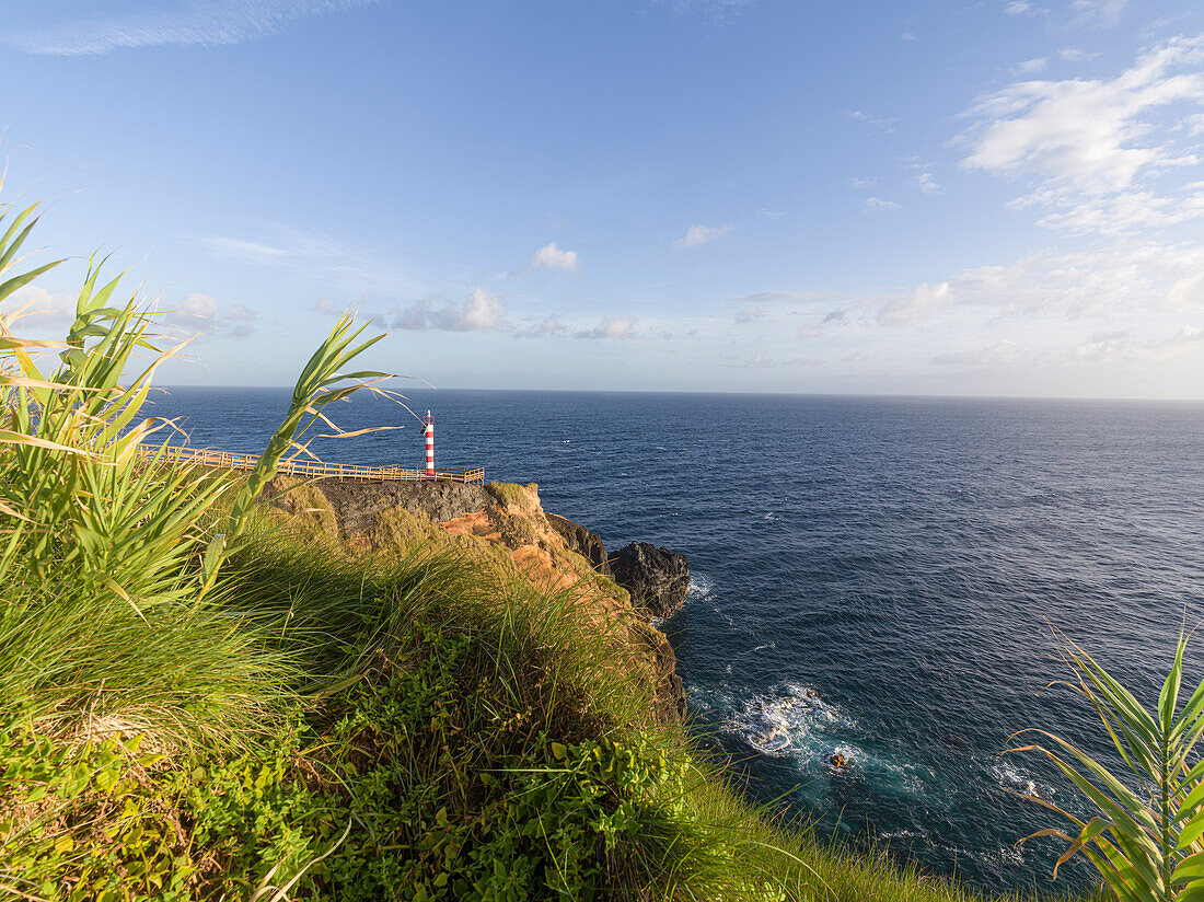 Farolim dos Fenais da Ajuda lighthouse on a cliff, Sao Miguel island, Azores Islands, Portugal, Atlantic, Europe\n