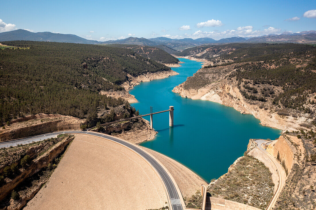 Drone aerial view of Francisco Abellan Dam and Reservoir, Granada, Andalusia, Spain, Europe\n