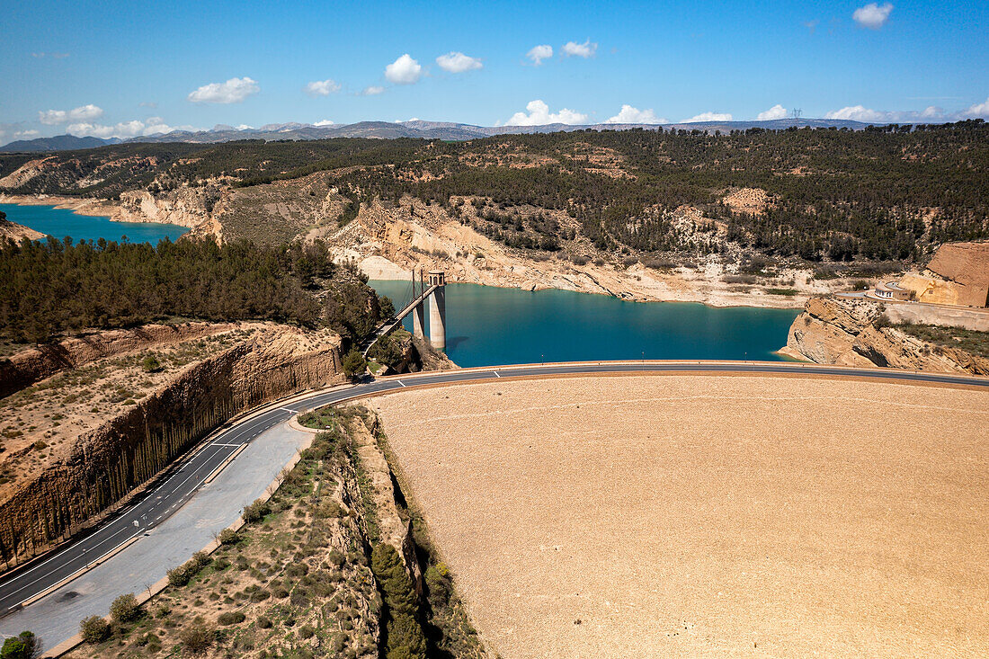 Drone aerial view of Francisco Abellan Dam and Reservoir, Granada, Andalusia, Spain, EuropeGranada, Andalusia, Spain, Europe\n
