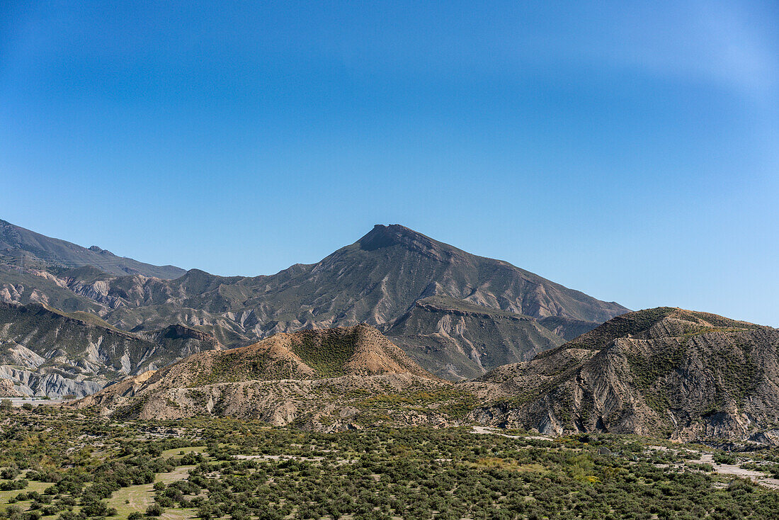 Tabernas desert landscape on a sunny day, Almeria, Andalusia, Spain, Europe\n