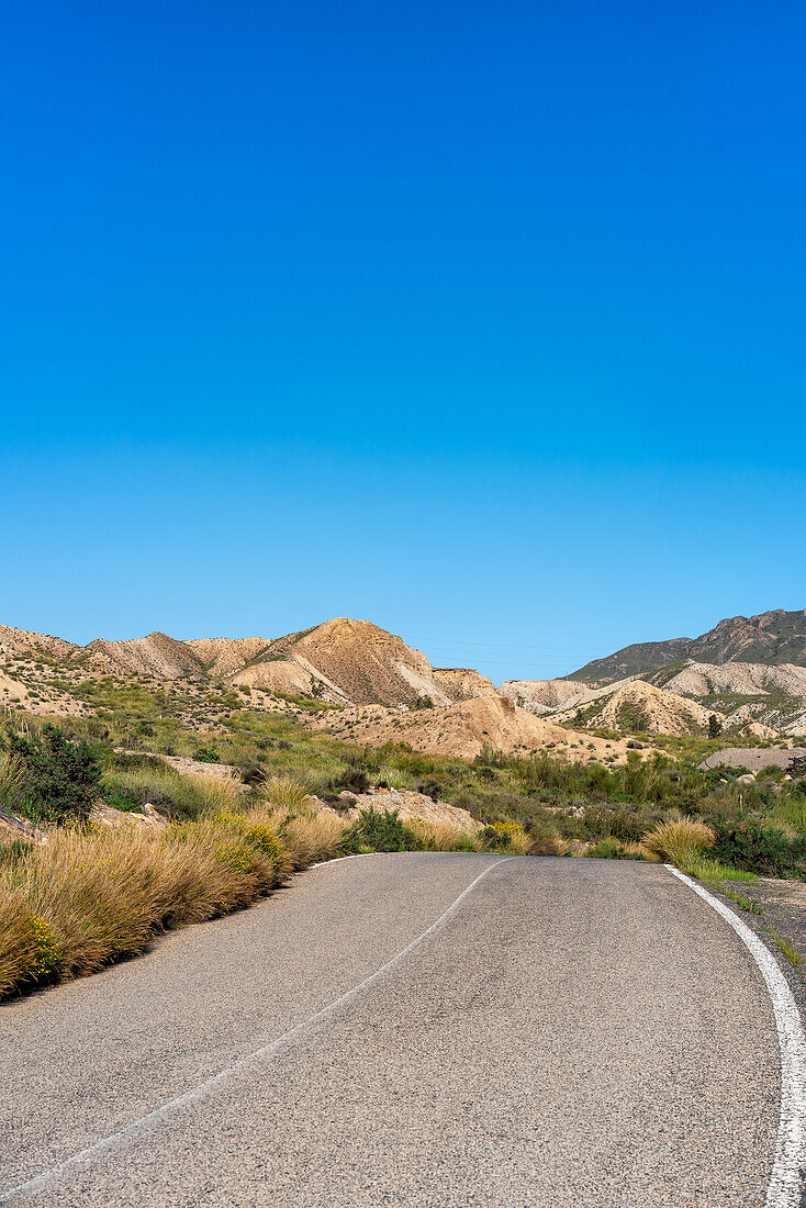 Road in Tabernas desert on a sunny day, Almeria, Andalusia, Spain, Europe\n
