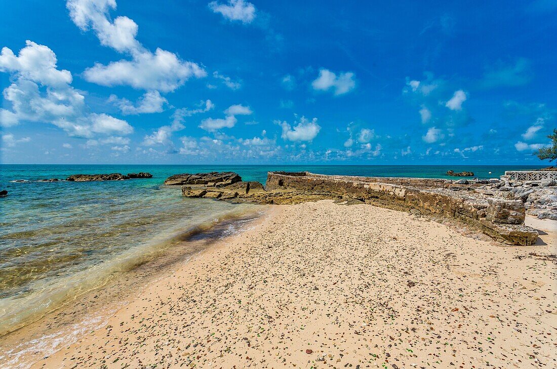 Glass Beach, site of large quantities of sea glass, from shipwrecks and bottles thrown into the sea from the Royal Navy Dockyard over hundreds of years, Bermuda, Atlantic, North America\n