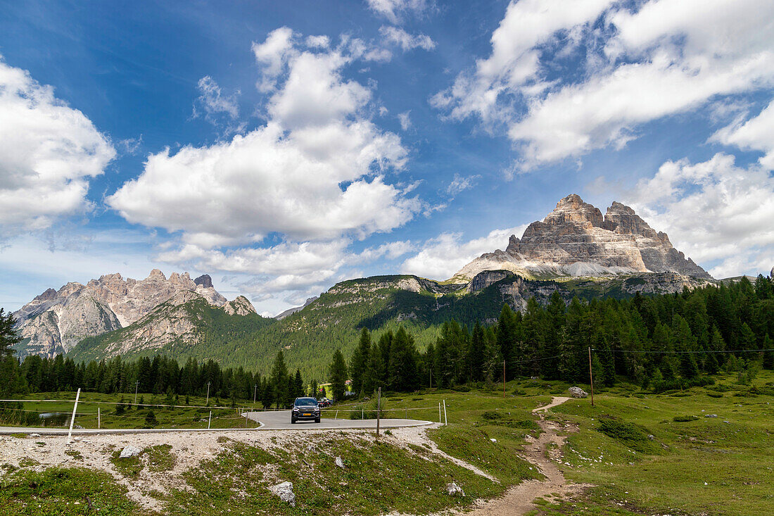 The road to Rifugio Auronzo, with Tre Cime di Lavaredo Belluno Dolomites, Auronzo di Cadore, Belluno District, Veneto, Italy, Europe\n