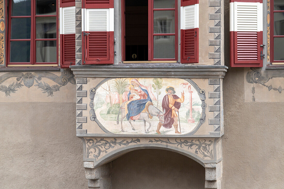Balcony of ancient palace decorated with fresco, Brixen, Sudtirol (South Tyrol) (Province of Bolzano), Italy, Europe\n