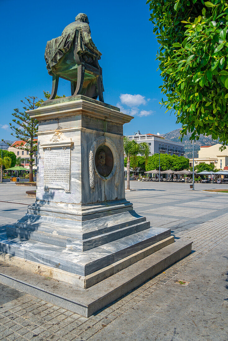 View of Vallianou Square, Central Square of Argostoli, capital of Cephalonia, Argostolion, Kefalonia, Ionian Islands, Greek Islands, Greece, Europe\n