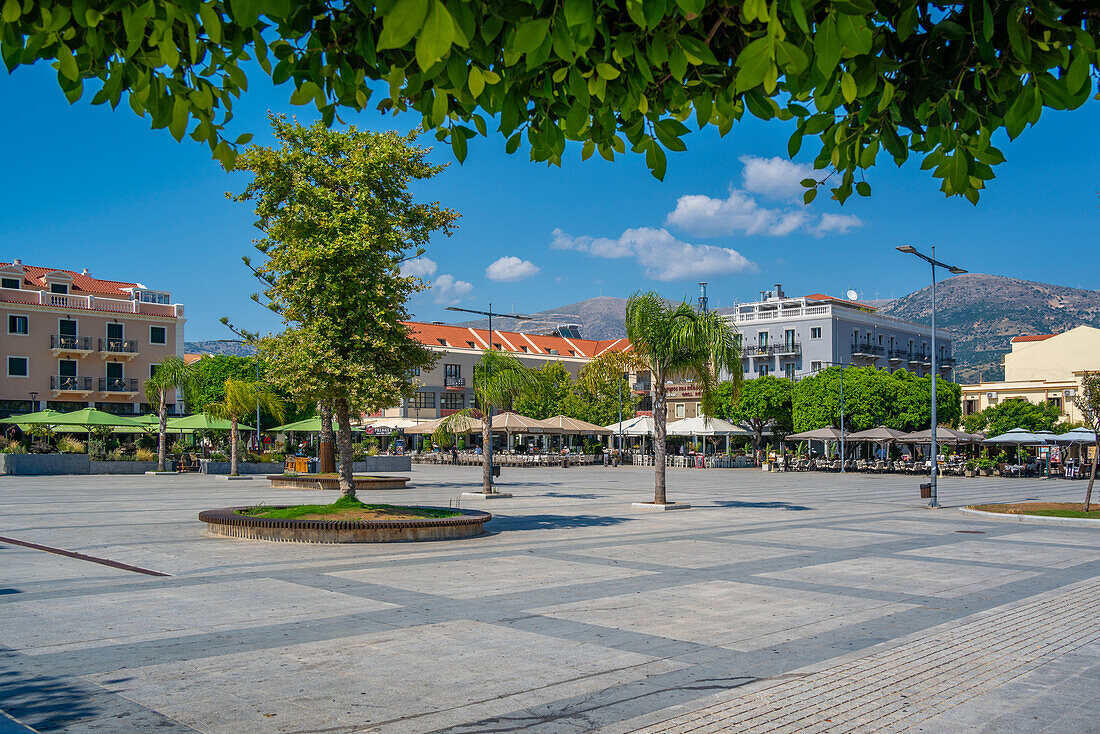 View of Vallianou Square, Central Square of Argostoli, capital of Cephalonia, Argostolion, Kefalonia, Ionian Islands, Greek Islands, Greece, Europe\n