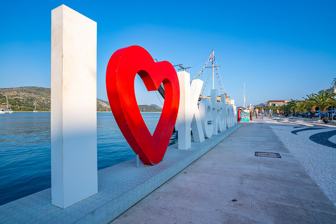I Love Kefalonia sign in Argostoli, capital of Cephalonia, Argostolion, Kefalonia, Ionian Islands, Greek Islands, Greece, Europe\n