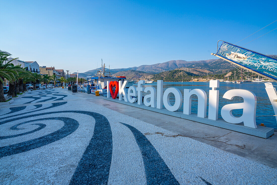 View of I Love Kefalonia sign in Argostoli, capital of Cephalonia, Argostolion, Kefalonia, Ionian Islands, Greek Islands, Greece, Europe\n