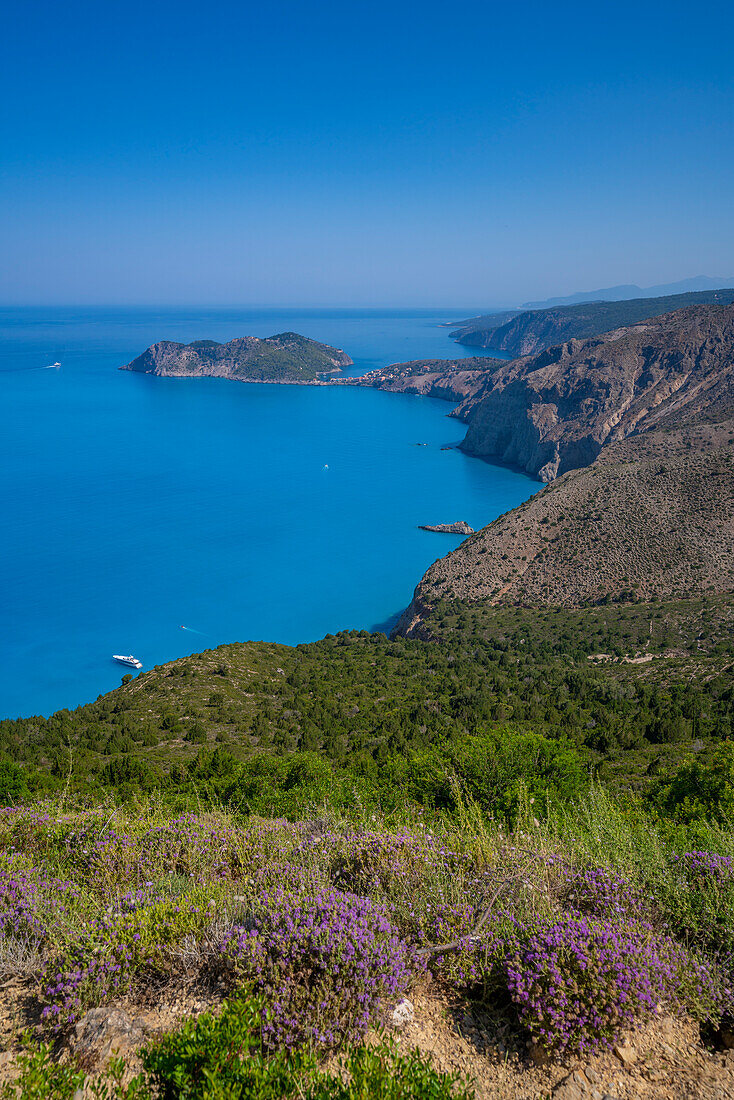 View of coastline, sea and Assos from near Agkonas, Kefalonia, Ionian Islands, Greek Islands, Greece, Europe\n