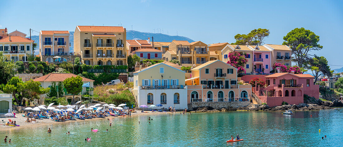 View of harbour and colourful houses in Assos, Assos, Kefalonia, Ionian Islands, Greek Islands, Greece, Europe\n