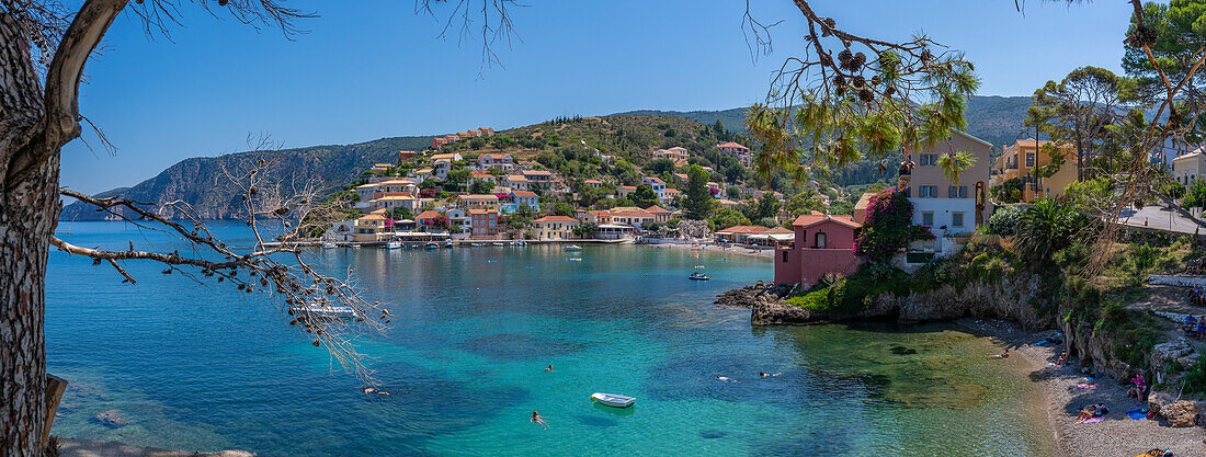 View of harbour and colourful houses in Assos, Assos, Kefalonia, Ionian Islands, Greek Islands, Greece, Europe\n