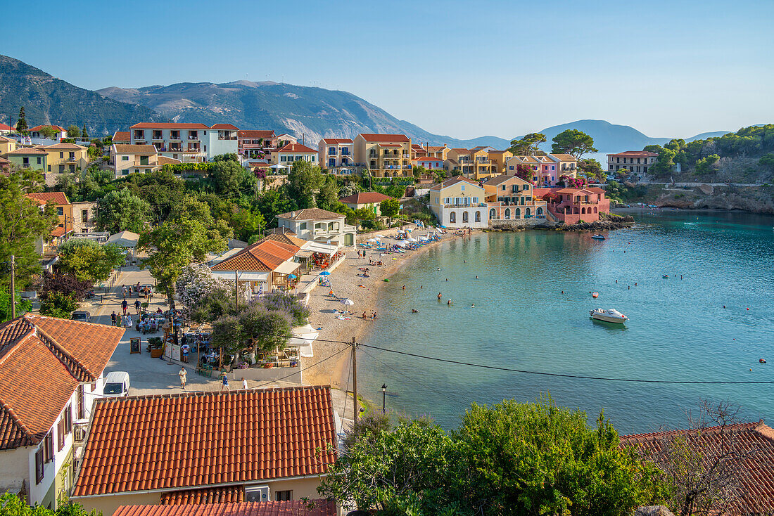 Elevated view of harbour and colourful houses in Assos, Assos, Kefalonia, Ionian Islands, Greek Islands, Greece, Europe\n