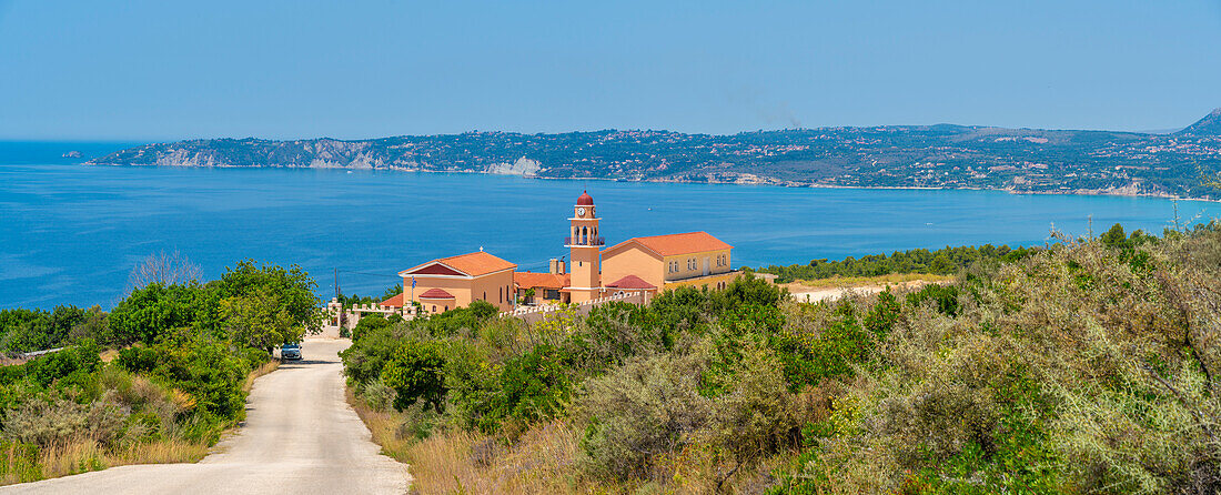 View of Holy Monastery of the Most Holy Theotokos of Sissia near Lourdata, Kefalonia, Ionian Islands, Greek Islands, Greece, Europe\n