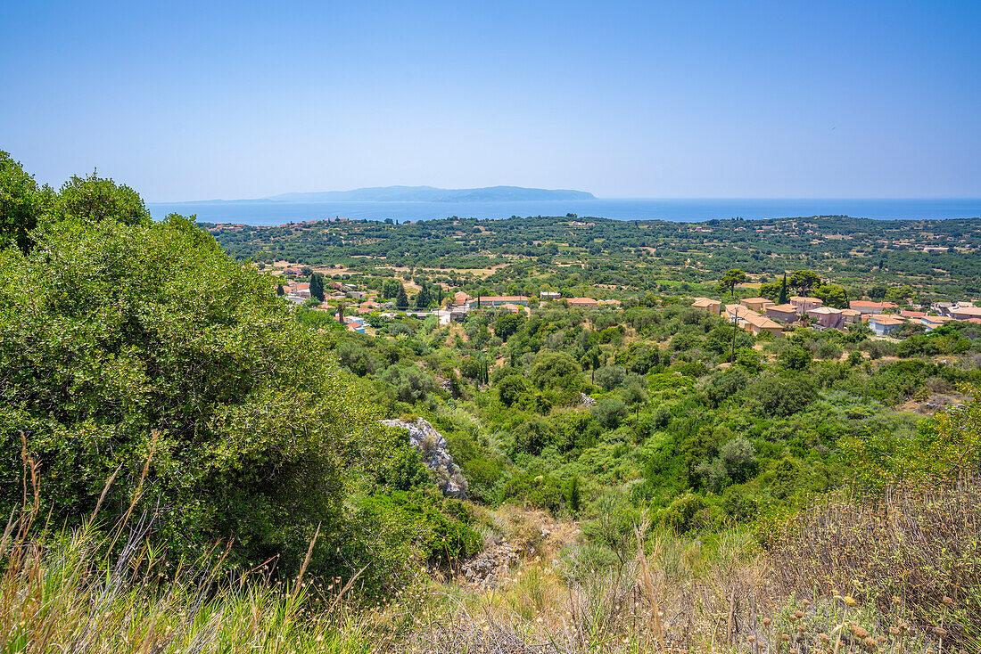 View of olive groves and coastline near Lourdata, Kefalonia, Ionian Islands, Greek Islands, Greece, Europe\n