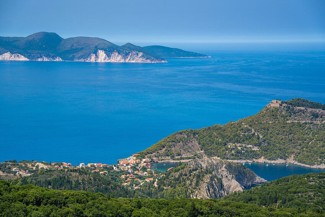 View of Assos, coastline, sea and hills, Assos, Kefalonia, Ionian Islands, Greek Islands, Greece, Europe\n