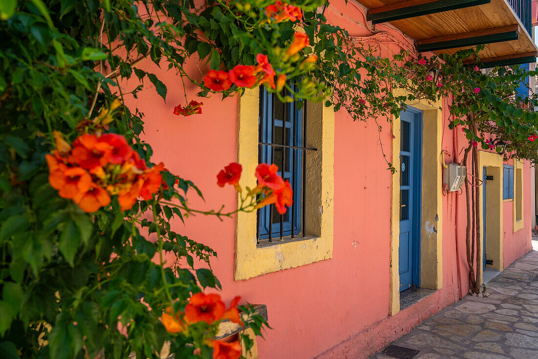Colourful house in Fiskardo harbour, Fiskardo, Kefalonia, Ionian Islands, Greek Islands, Greece, Europe\n