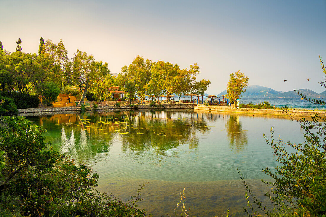 View of Karavomilos Lake in Sami, Sami, Kefalonia, Ionian Islands, Greek Islands, Greece, Europe\n