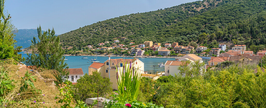 View of rooftops and town from elevated position in Agia Effimia, Kefalonia, Ionian Islands, Greek Islands, Greece, Europe\n