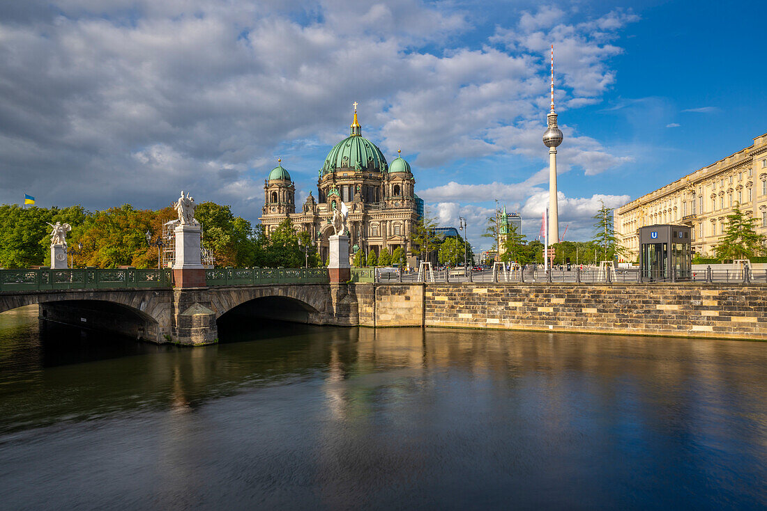View of Berlin Cathedral, Berliner Fernsehturm and Spree river, Museum Island, Mitte, Berlin, Germany, Europe\n