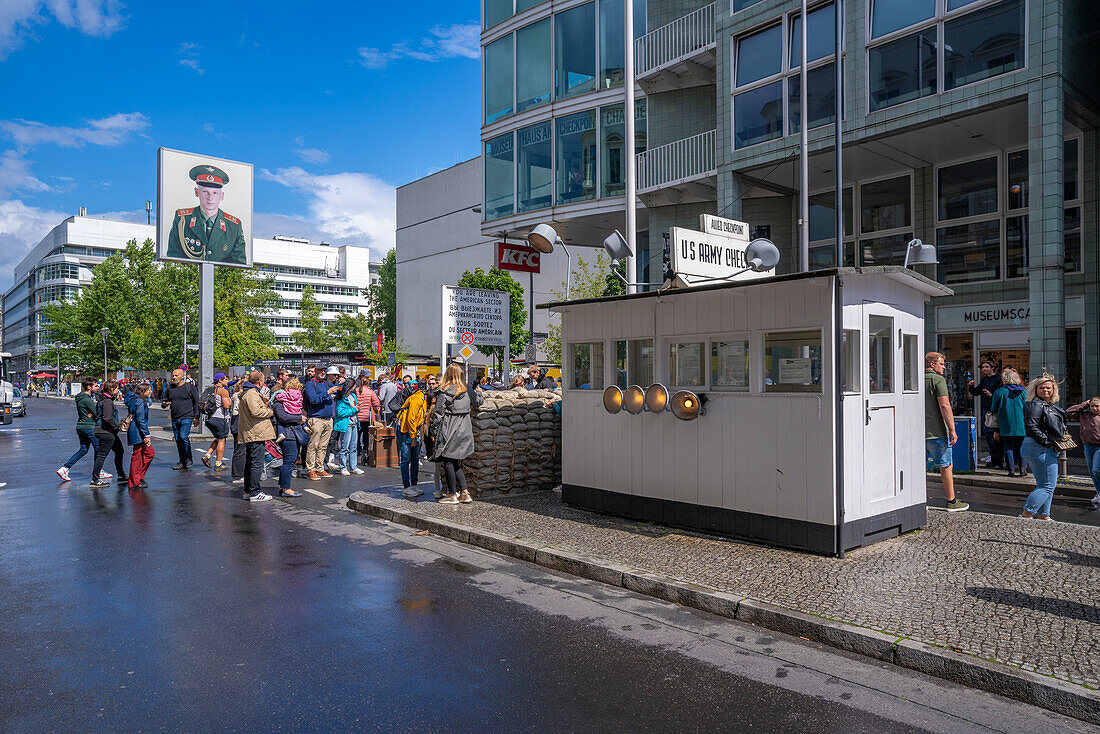 View of Checkpoint Charlie, Friedrichstrasse, Berlin, Germany, Europe\n
