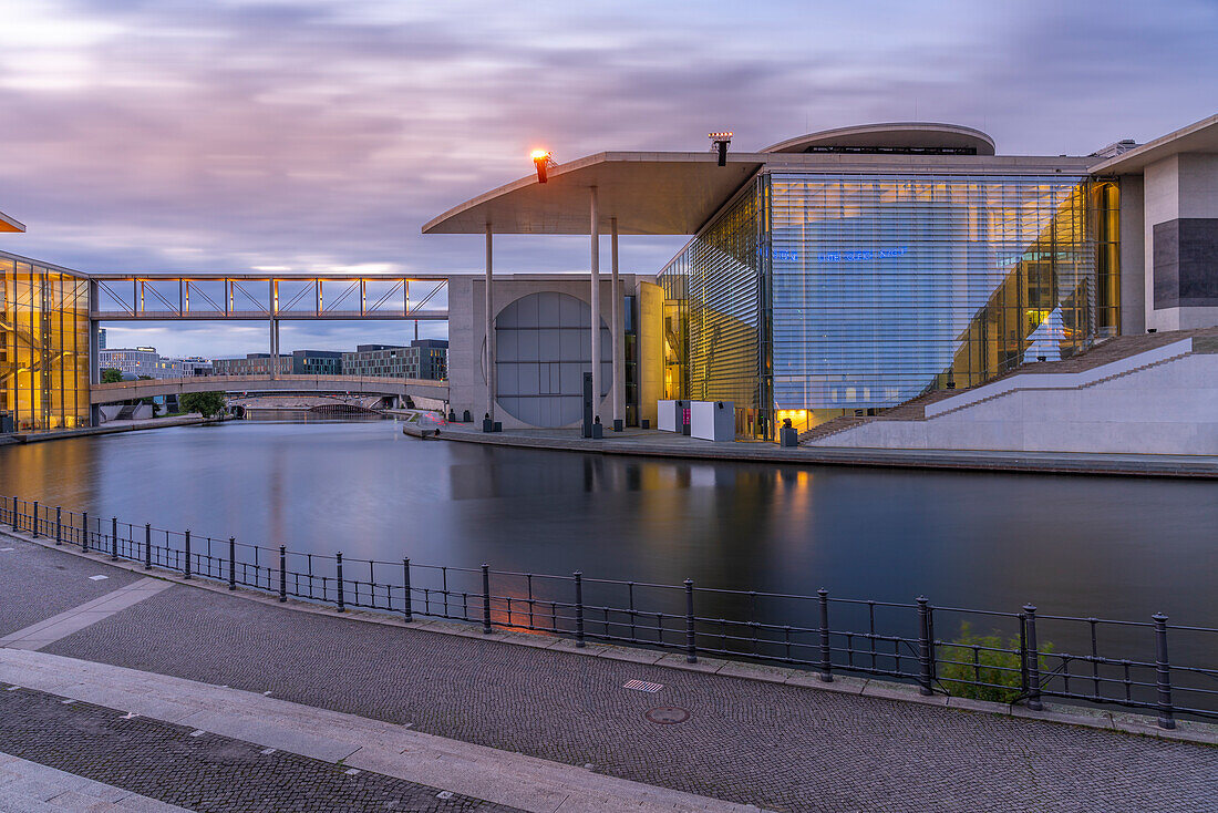 View of the River Spree and the Marie-Elisabeth-Luders-Haus at sunset, German Parliament building, Mitte, Berlin, Germany, Europe\n