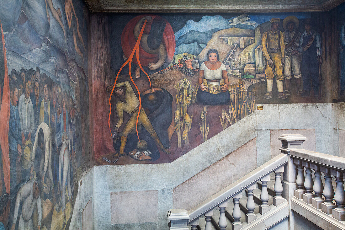 Staircase with murals of Diego Rivera, Secretaria de Educacion Building, Mexico City, Mexico, North America\n