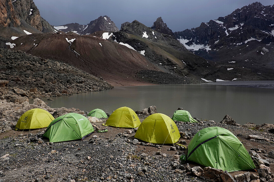 Tents in the remote and spectacular Fann Mountains, part of the western Pamir-Alay, Tajikistan, Central Asia, Asia\n