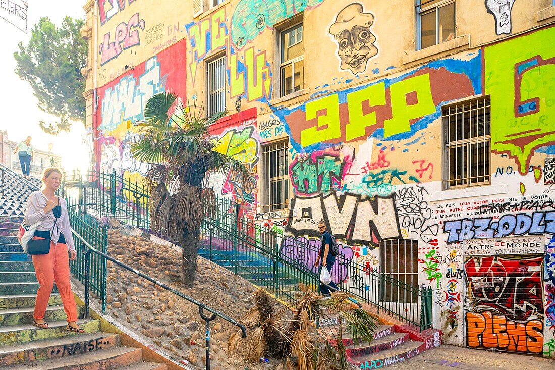 France, Bouches du Rhone, Marseille, the Cours Julien staircase, Street Art with tagg and graffiti\n