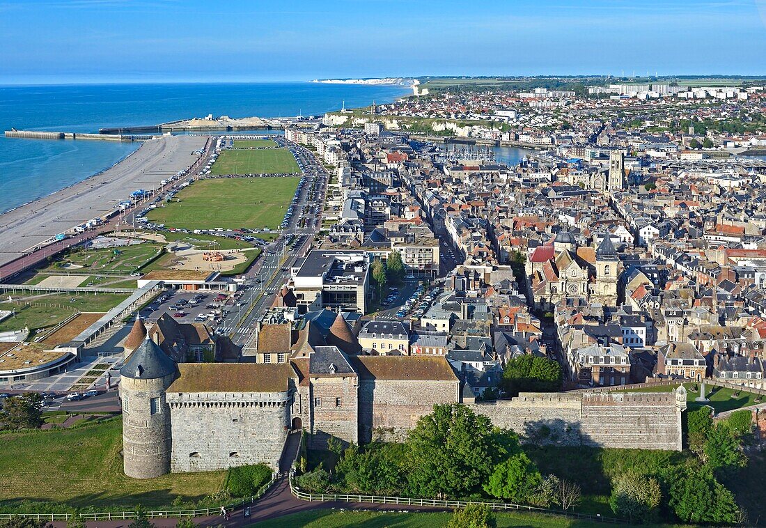 France, Seine-Maritime, Dieppe, the city and the castle-museum (aerial view)\n