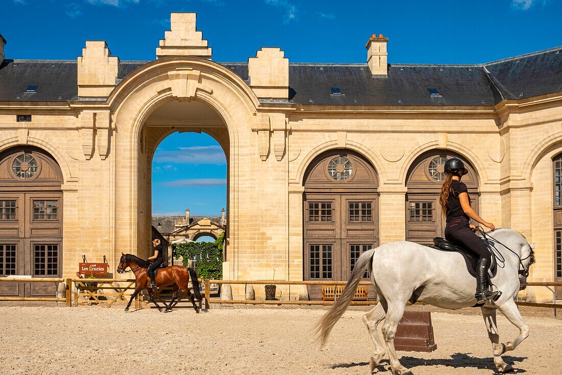 France, Oise, Chantilly, Chantilly Castle, the Great Stables, training horses in the carousel\n